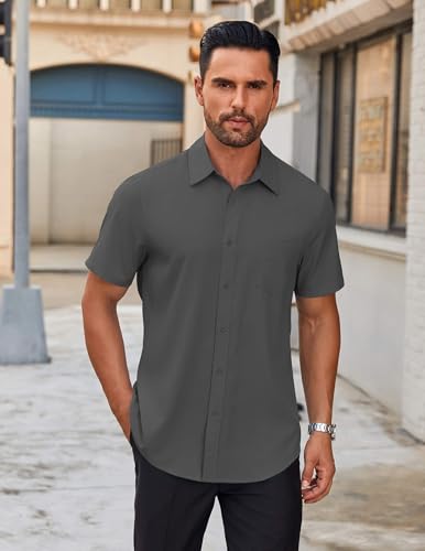 41B05csC2vL.jpg Men's Short Sleeve Button Down Shirts Casual Dress Shirts for Men Untucked Shirt with Pocket