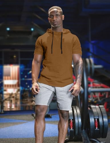 Men's Short Sleeve Hoodie Workout Gym Sweatshirt Muscle Fit Fashion Athletic Hoodies Pullover Cotton Hooded T-Shirts