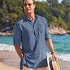 41BWAcueZ5L.jpg Men's Linen Henley Shirts Long Sleeve Collarless T-Shirts Longline Kurta Beach Shirts with Pocket