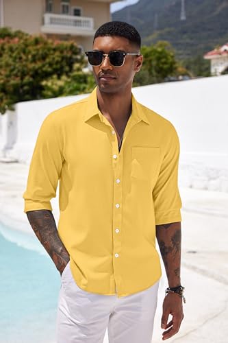 Men's Casual Button Down Shirt Long Sleeve Linen Chambray Shirt