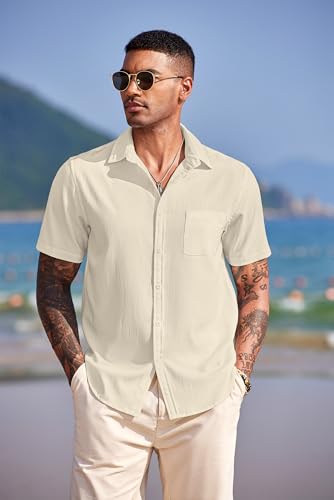 Men's Casual Short Sleeve Button Down Summer Beach Shirt Lightweight Textured Wrinkle Free Untucked Shirts