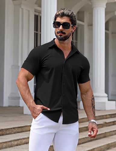 Men's Muscle Dress Shirts Slim Fit Stretch Short Sleeve Casual Button Down Shirts for Men