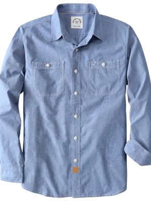 ® Chambray Shirt Men Long Sleeve Cotton Work Shirts with 2 Pockets Casual Button Down