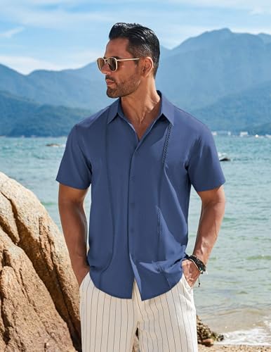 41FGLZO5aSL.jpg Mens Cuban Guayabera Short Sleeve Shirt Casual Summer Beach Tops Button Down Untucked Shirts