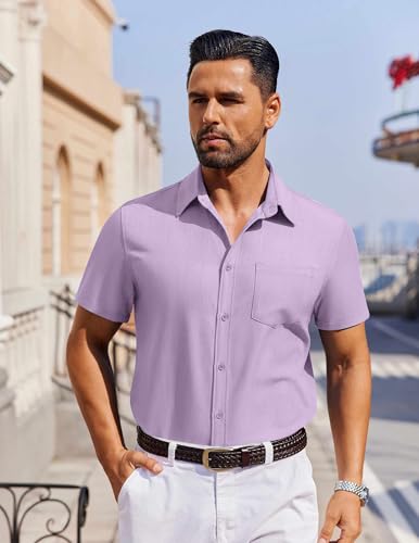 41FULwPRizL.jpg Men's Short Sleeve Button Down Shirt Casual Untucked Dress Shirt Stretch Denim Shirt
