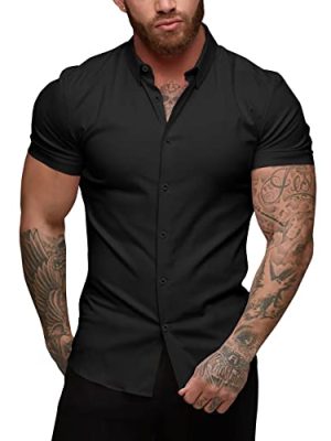 Men's Muscle Dress Shirts Slim Fit Stretch Short Sleeve Casual Button Down Shirts for Men