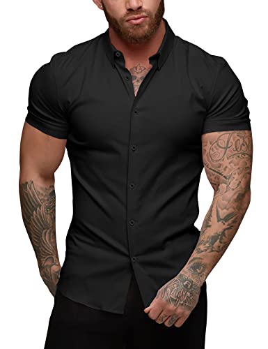 Men's Muscle Dress Shirts Slim Fit Stretch Short Sleeve Casual Button Down Shirts for Men