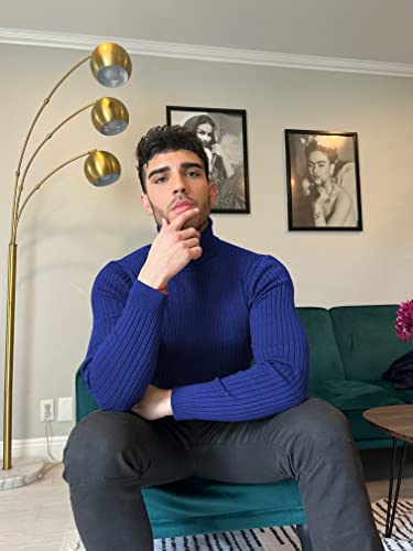 Men's Slim Fit Turtleneck Sweater Casual Twist Patterned Pullover Knitted Sweater Royal Blue