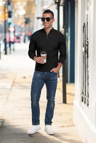 Men's Quarter Zip Sweater Cable Knit Mock Turtleneck Sweater Long Sleeve Soft Casual Pullover Sweater