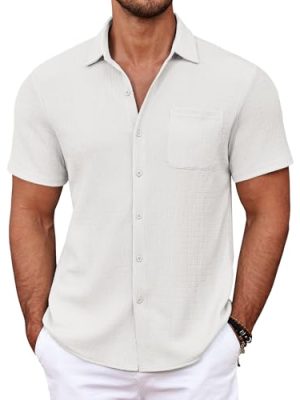 Men's Casual Button Down Shirts Short Sleeve Textured Shirt Summer Untucked Vacation Beach Wedding Shirts