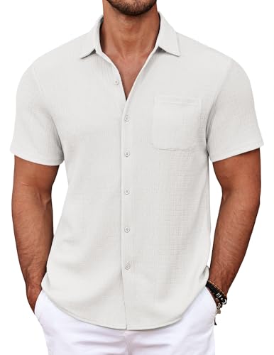 Men's Casual Button Down Shirts Short Sleeve Textured Shirt Summer Untucked Vacation Beach Wedding Shirts