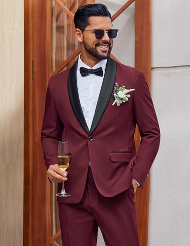 Men's 2 Piece Suit Slim Fit Shawl Lapel One Button Formal Tuxedo Jacket Pants Set for Wedding Prom Business