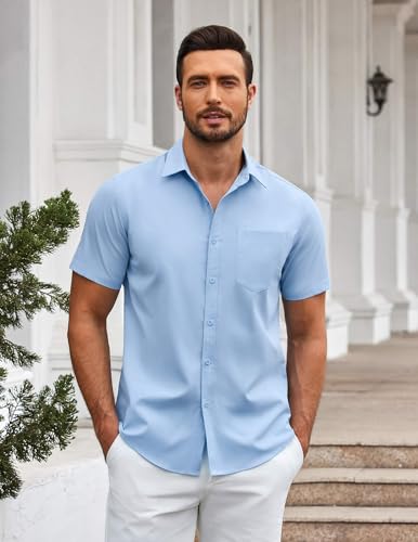 Mens Casual Button Down Shirts Short Sleeve Summer Untucked Dress Shirt with Pocket