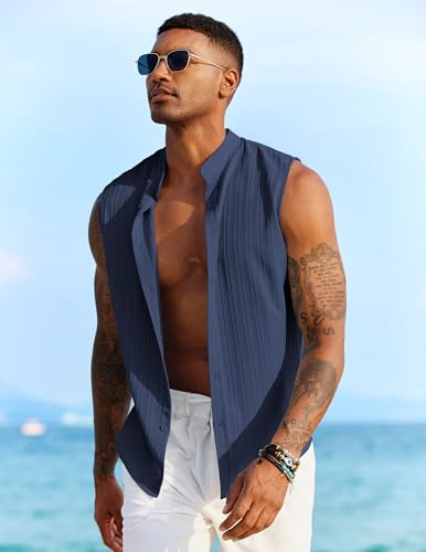 Mens Sleeveless Summer Shirts Beach Tank Tops Button Up Textured Tank Shirt for Vacation