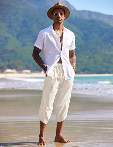 41JQhEiankL.jpg Men's Linen Harem Capri Pants Lightweight Loose 3/4 Shorts Drawstring Elastic Waist Casual Beach Boho Yoga Trousers