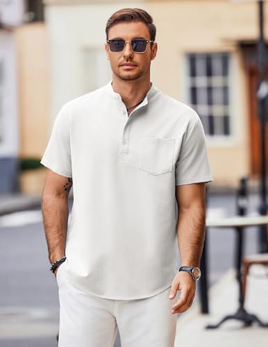 Mens Casual Henley Shirts Band Collar Short Sleeve T-Shirts Summer Stylish Beach Hippie Shirt