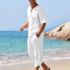 Men's 2 Pieces Linen Set Henley Shirt Short Sleeve and Harem Capri Pants Wide Leg Baggy Beach Yoga Trousers Outfits