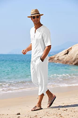 Men's 2 Pieces Linen Set Henley Shirt Short Sleeve and Harem Capri Pants Wide Leg Baggy Beach Yoga Trousers Outfits