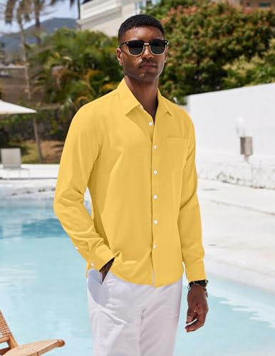 Men's Casual Button Down Shirt Long Sleeve Linen Chambray Shirt
