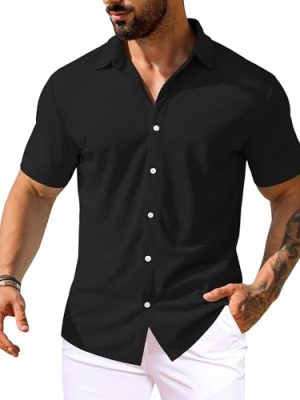 Men's Muscle Dress Shirts Short Sleeve Stretch Casual Button Down Shirts Wrinkle Free Slim Fit Dress Shirt for Men