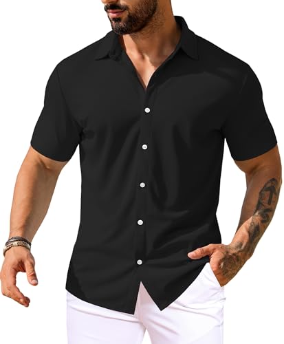 Men's Muscle Dress Shirts Short Sleeve Stretch Casual Button Down Shirts Wrinkle Free Slim Fit Dress Shirt for Men