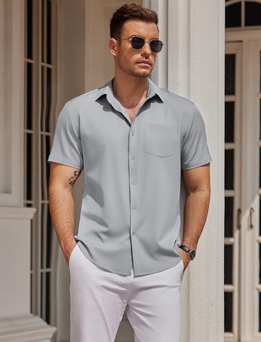 41KfZJnW9OL.jpg Mens Casual Button Down Shirts Short Sleeve Business Shirts Lightweight Wrinkle Free Dress Shirts
