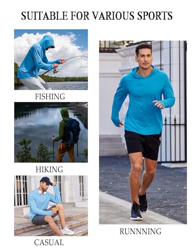Mens UPF 50+ Hoodie Shirts Long Sleeve Rash Guard Sun Protection Fishing Shirts Lightweight Quick Dry Hoodies
