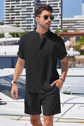 Men's 2 Pieces Linen Set Henley Shirt Short Sleeve and Shorts Summer Beach Yoga Matching Outfits