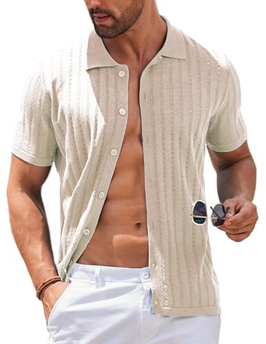 Men's Knit Shirts Short Sleeve Button Down Polo Shirt Vintage Casual Summer Beach Shirts