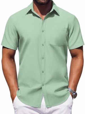 Mens Button Down Short Sleeve Shirt Casual Dress Shirt Untucked Summer Shirts with Pocket