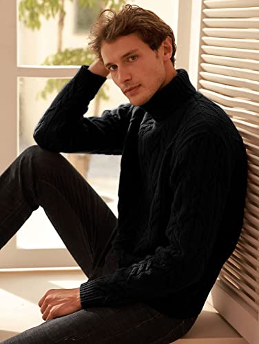 Men's Turtleneck Pullover Sweaters Long Sleeve Solid Twisted Cable Knit Sweater