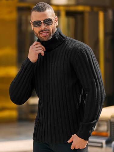 Mens Chunky Turtleneck Sweaters Cable Knitted Casual Slim Fit Fall Winter Warm Pullover Sweater