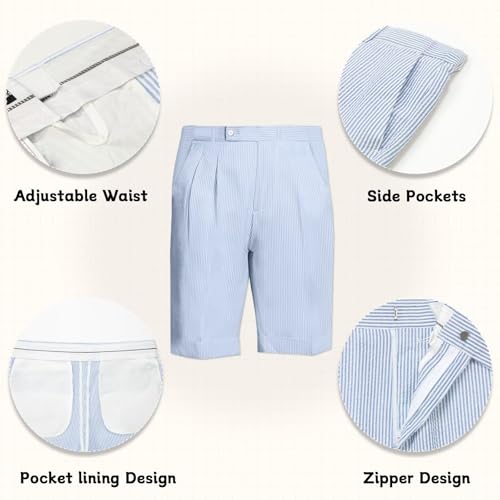 Mens Summer Seersucker Shorts Striped Slim Fit Flat Front Walk Short Pants Sear Sucker Suit Flat Front Shorts