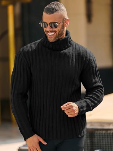 Mens Chunky Turtleneck Sweaters Cable Knitted Casual Slim Fit Fall Winter Warm Pullover Sweater