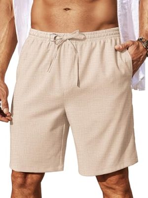 Mens Linen Shorts 9" Elastic Waist Drawstring Casual Shorts Lightweight Summer Beach Shorts