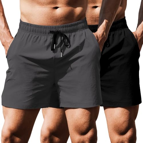 41Pf6iFv82L.jpg Men's Running Athletic Shorts 5 Inch 2 Pack Gym Workout Shorts Fitted Exercise Hiking Shorts with Zipper Pocket