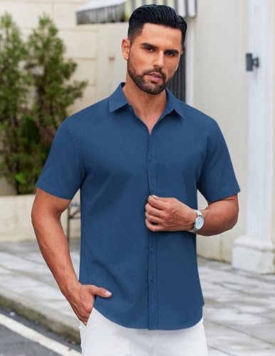 41PlXURezbL.jpg Men's Casual Dress Shirt Short Sleeve Button Down Shirts Summer Wedding Untucked Shirt