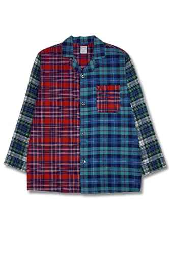Mens Flannel Cotton Two Piece Pajama Shirt and Elast Pants Lounge Set, (Medium, 201450 Mixed Red Plaids)