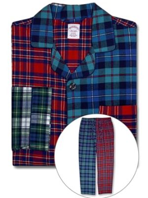 Mens Flannel Cotton Two Piece Pajama Shirt and Elast Pants Lounge Set, (Medium, 201450 Mixed Red Plaids)