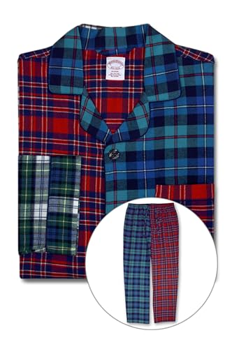 Mens Flannel Cotton Two Piece Pajama Shirt and Elast Pants Lounge Set, (Medium, 201450 Mixed Red Plaids)