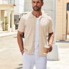 Men's Knit Shirts Short Sleeve Button Down Polo Shirt Vintage Casual Summer Beach Shirts
