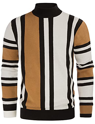 Mens Mock Turtleneck Sweater Vintage Striped Pullover Sweater Fashion Jumper Sweater