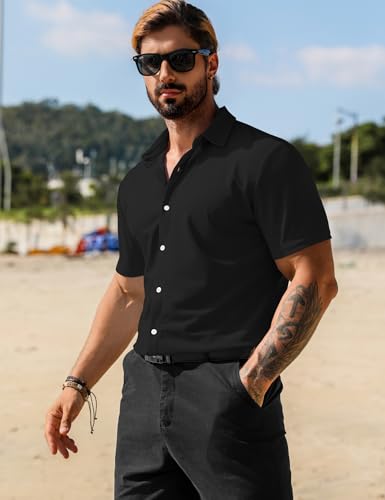 Men's Muscle Dress Shirts Short Sleeve Stretch Casual Button Down Shirts Wrinkle Free Slim Fit Dress Shirt for Men