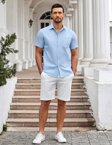 Mens Casual Button Down Shirts Short Sleeve Summer Untucked Dress Shirt with Pocket