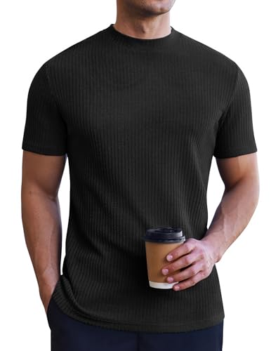 Mens Mock Turtleneck Short Sleeve Knit T Shirts Slim Fit Basic Thermal Tops Lightweight Tee S-XXXL