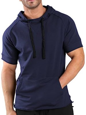 Men's Short Sleeve Hoodie Workout Gym Sweatshirt Muscle Fit Fashion Athletic Hoodies Pullover Cotton Hooded T-Shirts