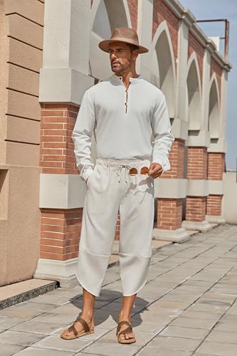 41VmBZSglEL.jpg Men's Linen Harem Capri Pants Lightweight Loose 3/4 Shorts Drawstring Elastic Waist Casual Beach Boho Yoga Trousers