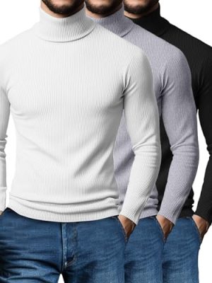 3 Pack Men's Turtleneck Sweater Ribbed Long Sleeve Mock Turtleneck Shirts Casual Knitted Basic Layer Pullover Top