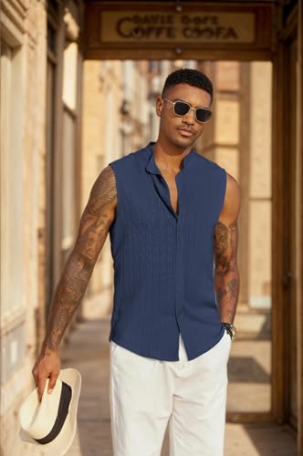 Mens Sleeveless Summer Shirts Beach Tank Tops Button Up Textured Tank Shirt for Vacation