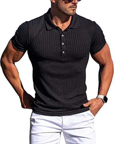 41X2g-wbypL.jpg Collared Muscle Polo Shirts Men Slim Fit Textured Knit Polo Shirts Short Sleeve Button Down Shirts Casual Stylish